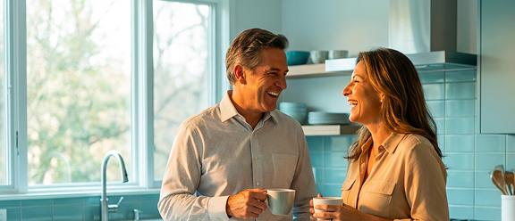 Pareja sonriendo frente a una puesta de sol, simbolizando la tranquilidad de tener un seguro MINT