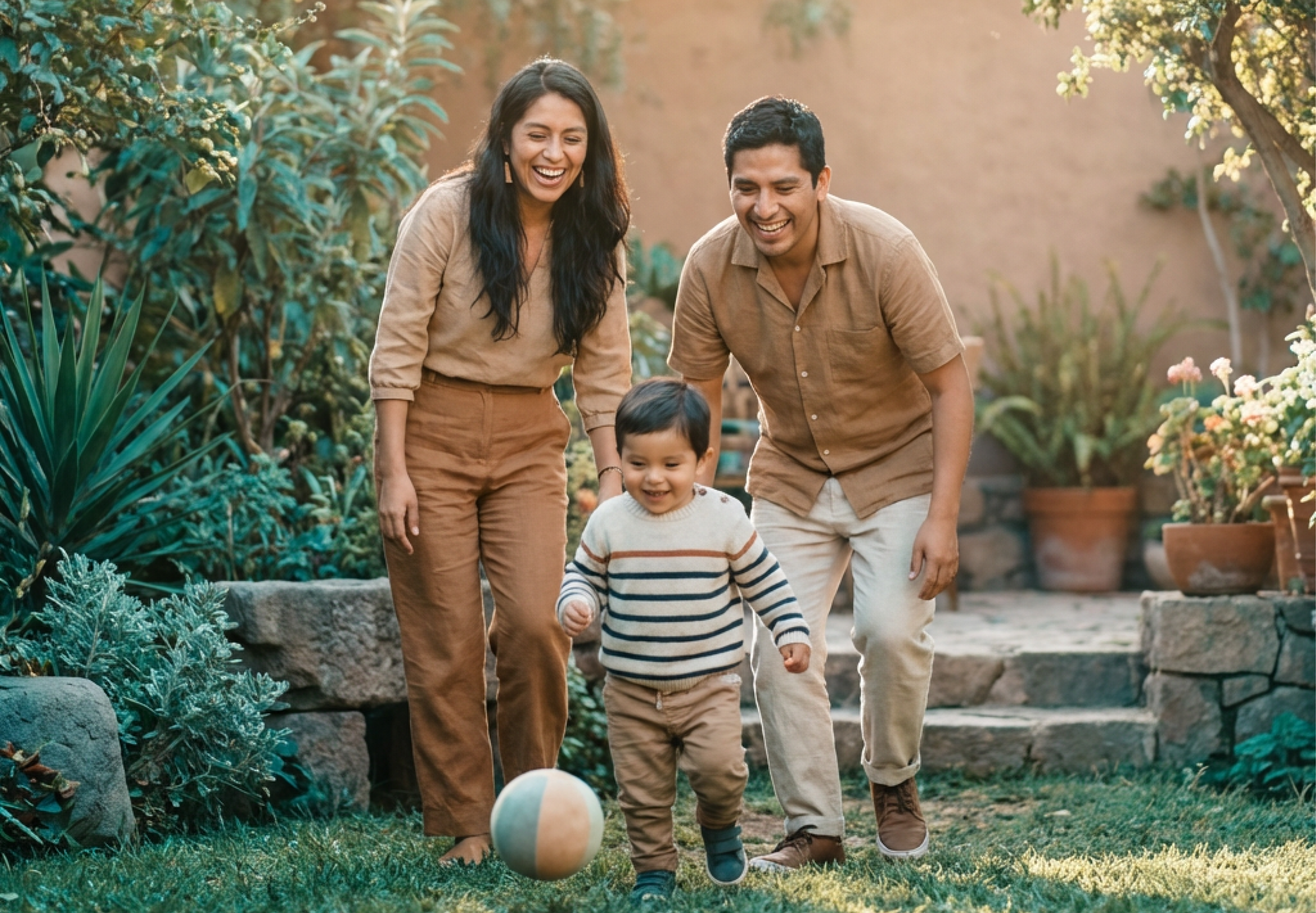 Familia juega con un niño en el jardín y cuida su salud con su seguro de salud.