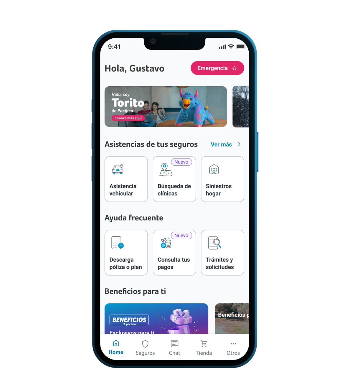 Pantalla de inicio de la app Mi Espacio Pacífico con seguros y beneficios