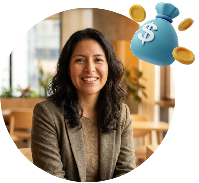 Mujer junto a ícono financiero que representa un ejemplo de resultados de inversión educativa