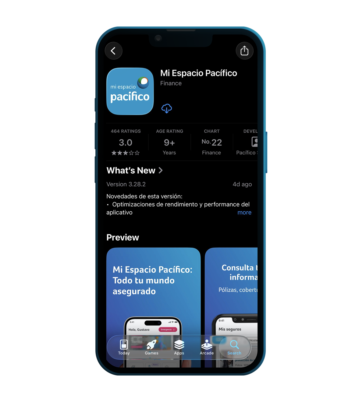 Pantalla de celular mostrando la app Mi Espacio Pacífico en la tienda de aplicaciones
