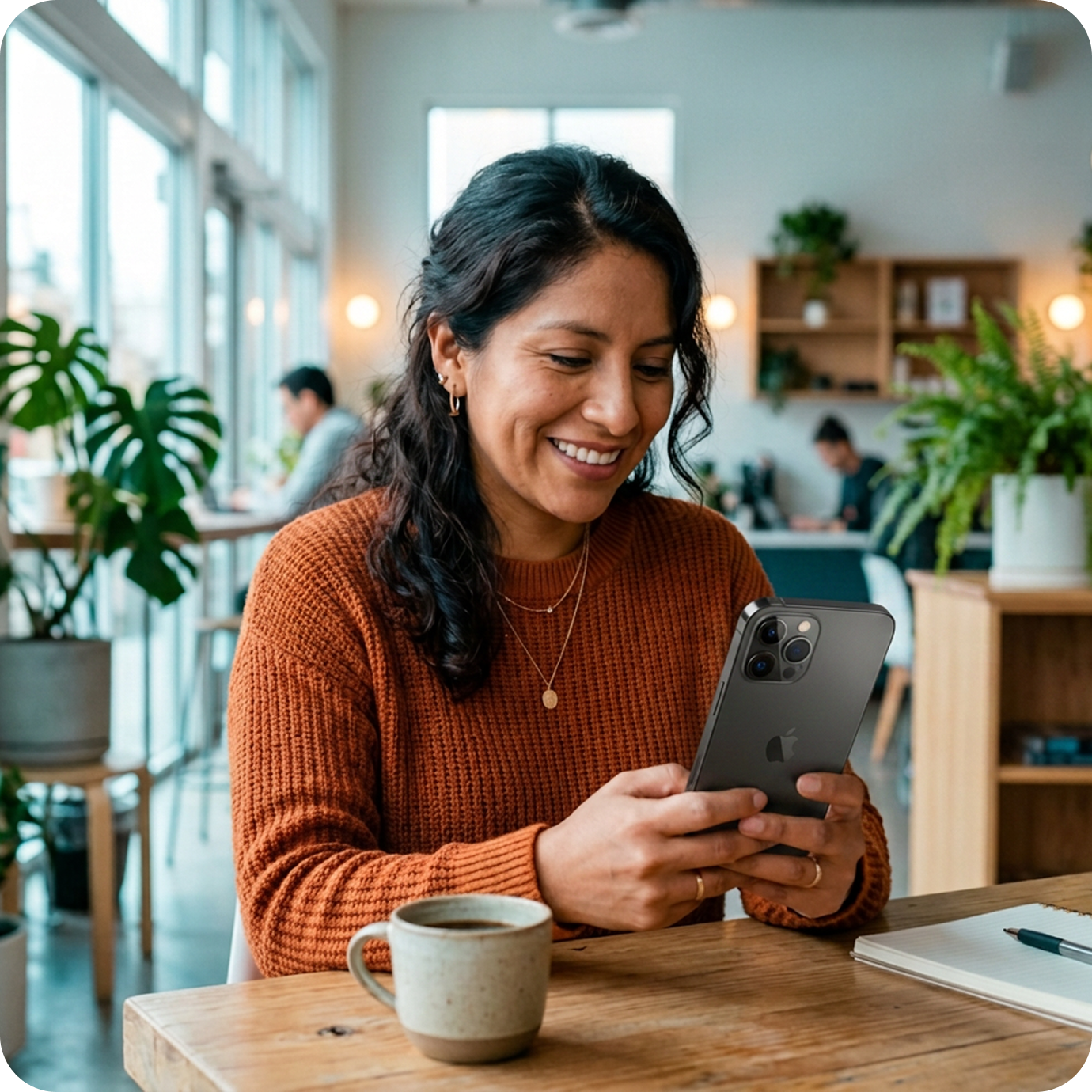 Mujer sonriente revisando su celular, representando la atención de Vera y su nivel de satisfacción