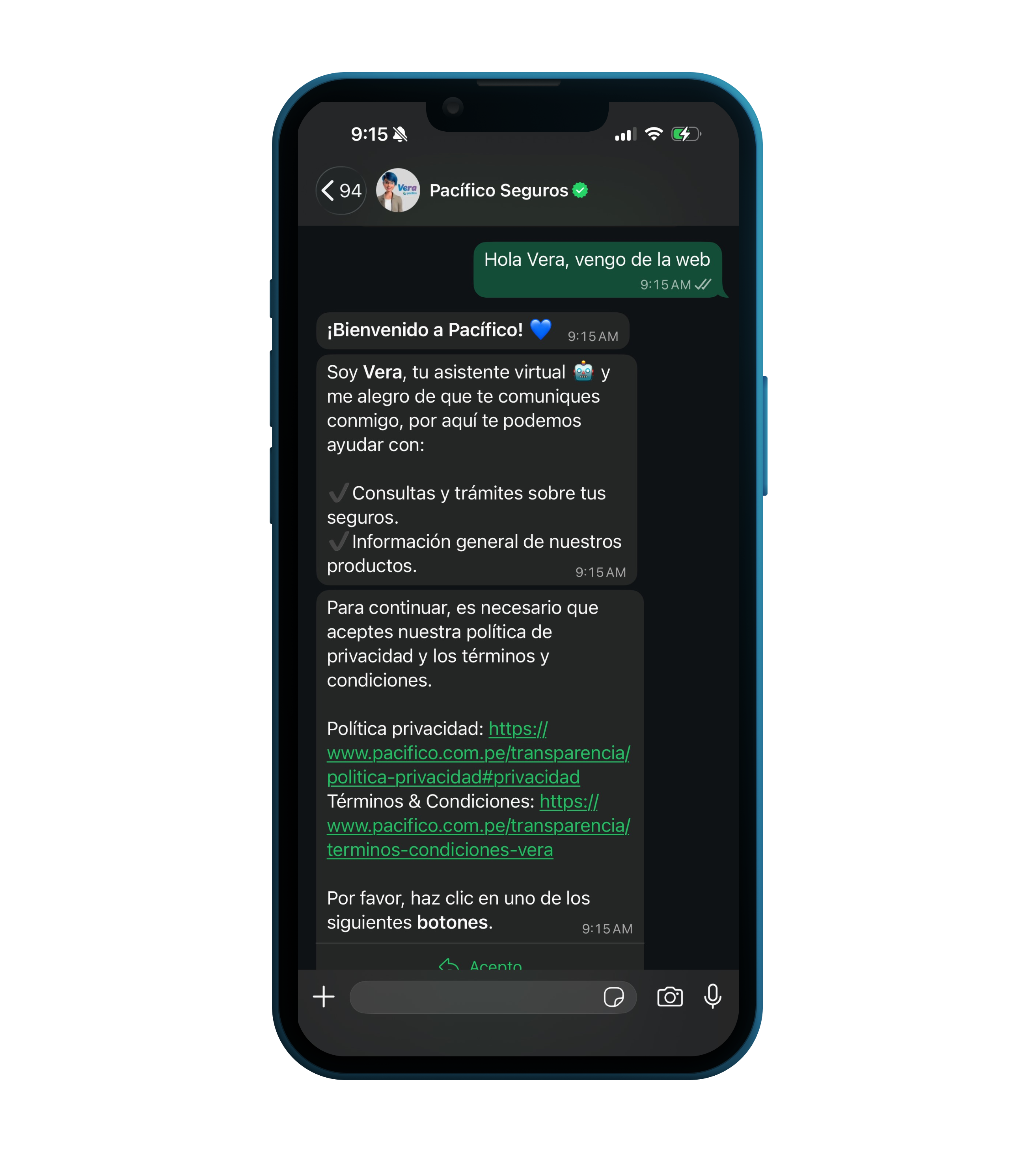 Pantalla de chat de celular con Vera, representando la forma en la que los usuarios se atienden