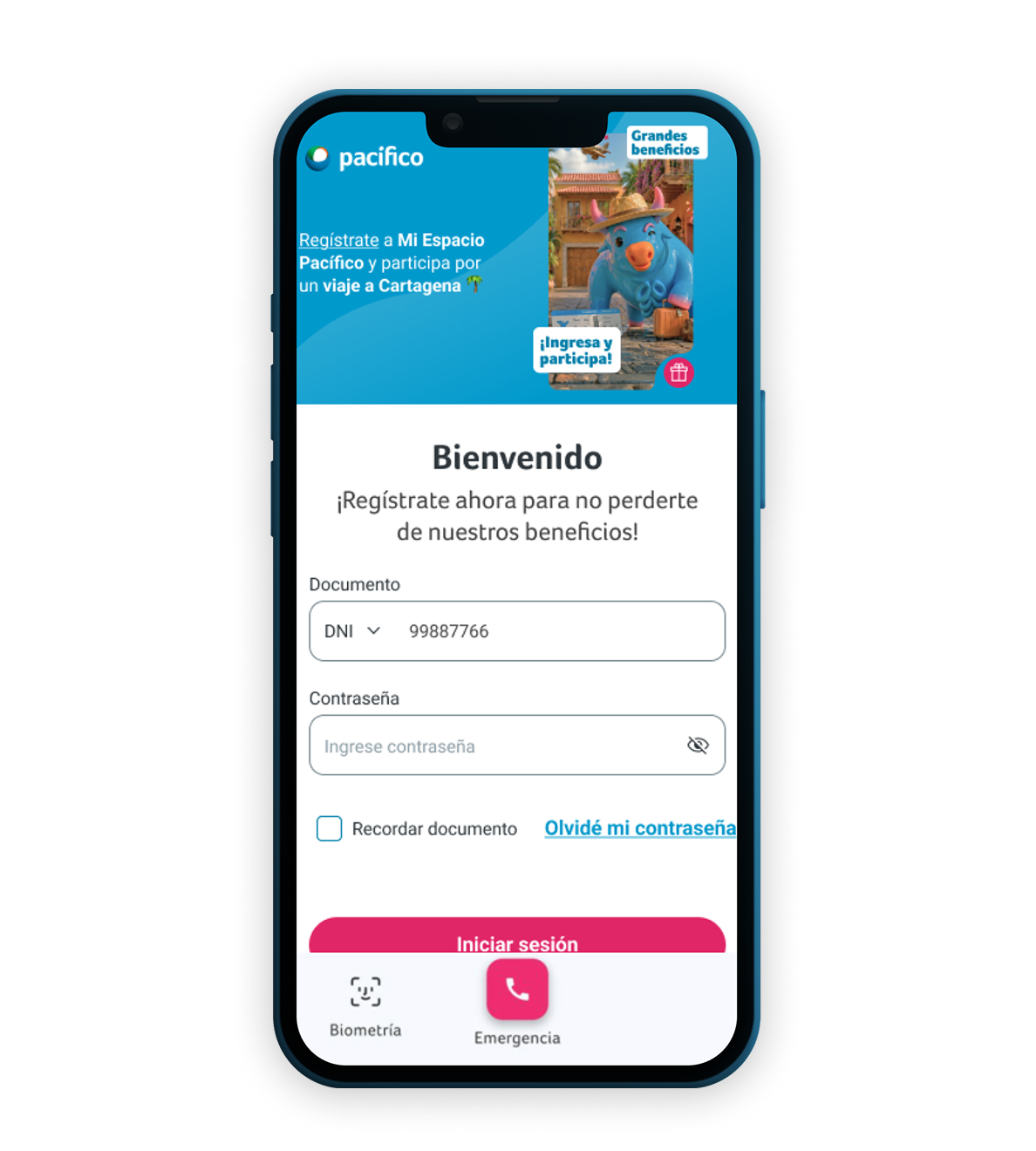 Pantalla de registro de la app Mi Espacio Pacífico
