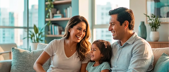 Familia aliviada y sonriendo por haber protegido su futuro con un seguro vida devolución total.