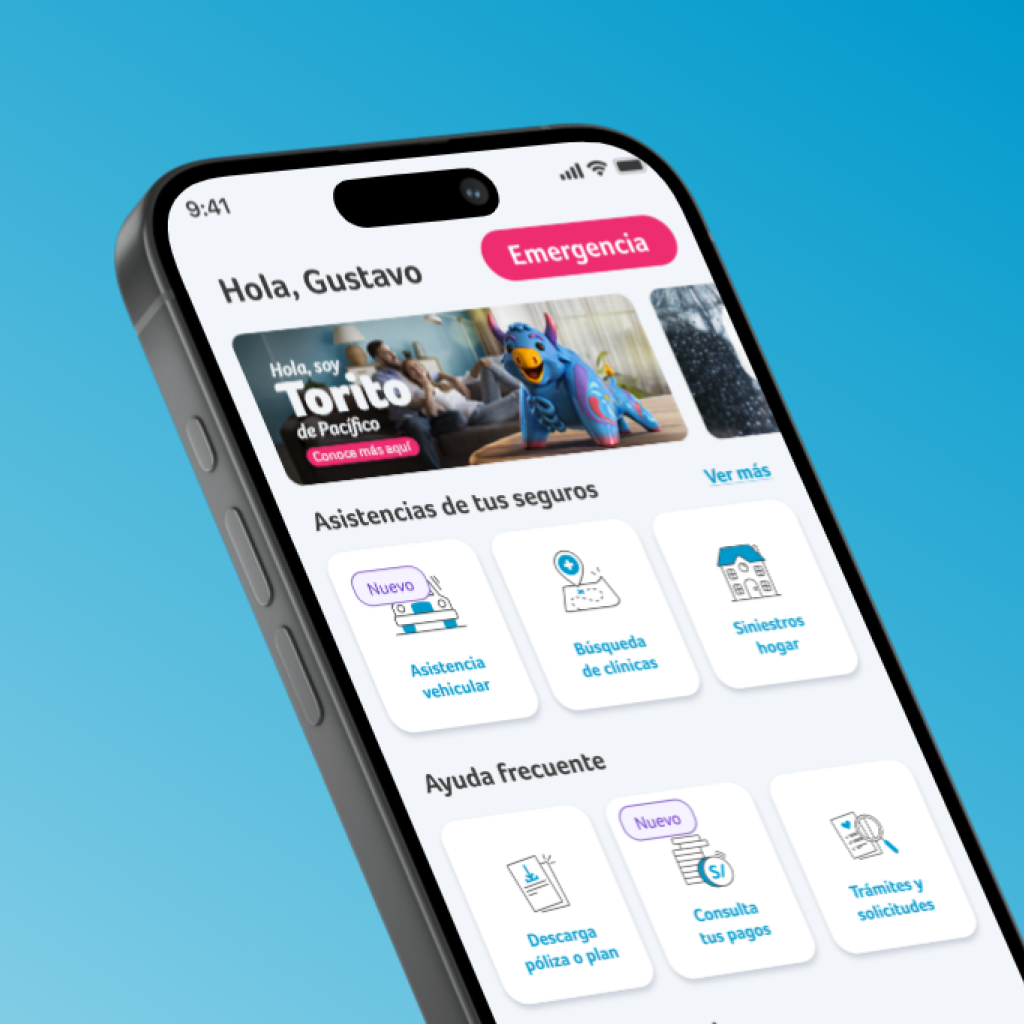 Interfaz de la app Mi Espacio Pacífico con beneficios y servicios habilitados