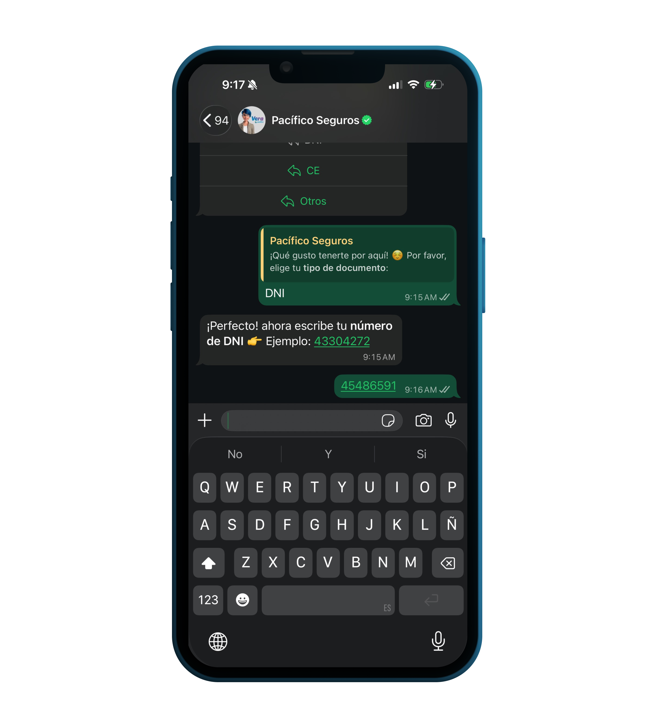 Pantalla de chat de celular con Vera, representando el proceso de autentificación