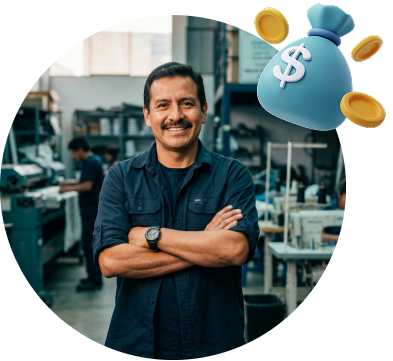Persona emprendedora en su lugar de trabajo junto a un ícono de ahorro, representando los beneficios de un seguro EPS para colaboradores