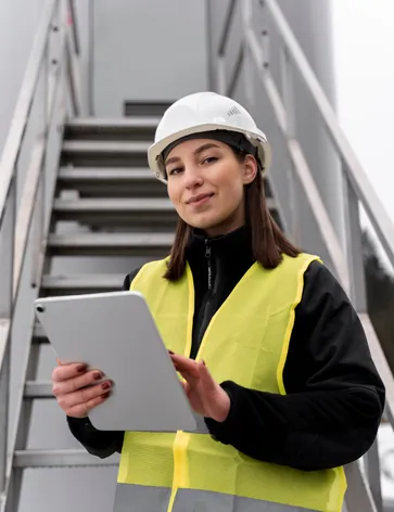 Ingeniera accediendo a un programa gestión de prevención de riesgos laborales en empresa