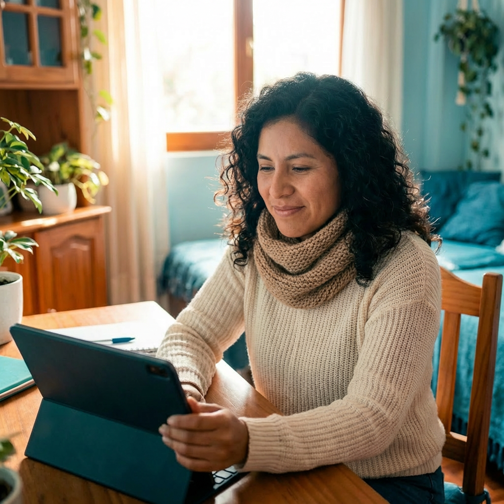 Mujer siendo atendida por teleconsulta de forma gratuita gracias a su seguro oncológico