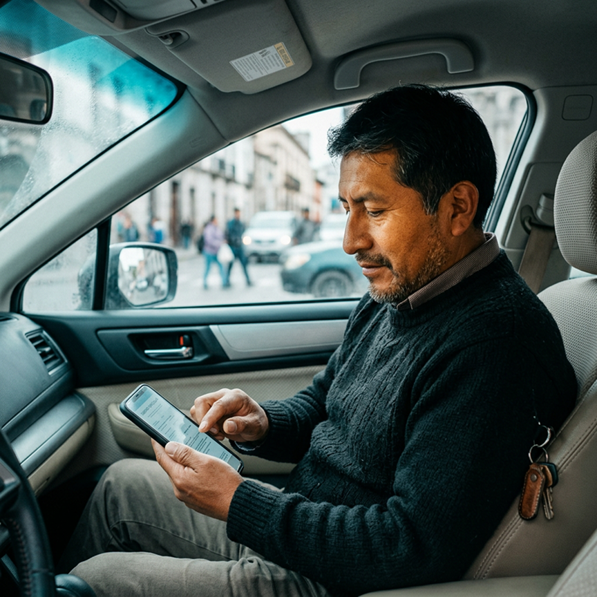 Hombre en su automóvil consultando por sus seguros en Vera