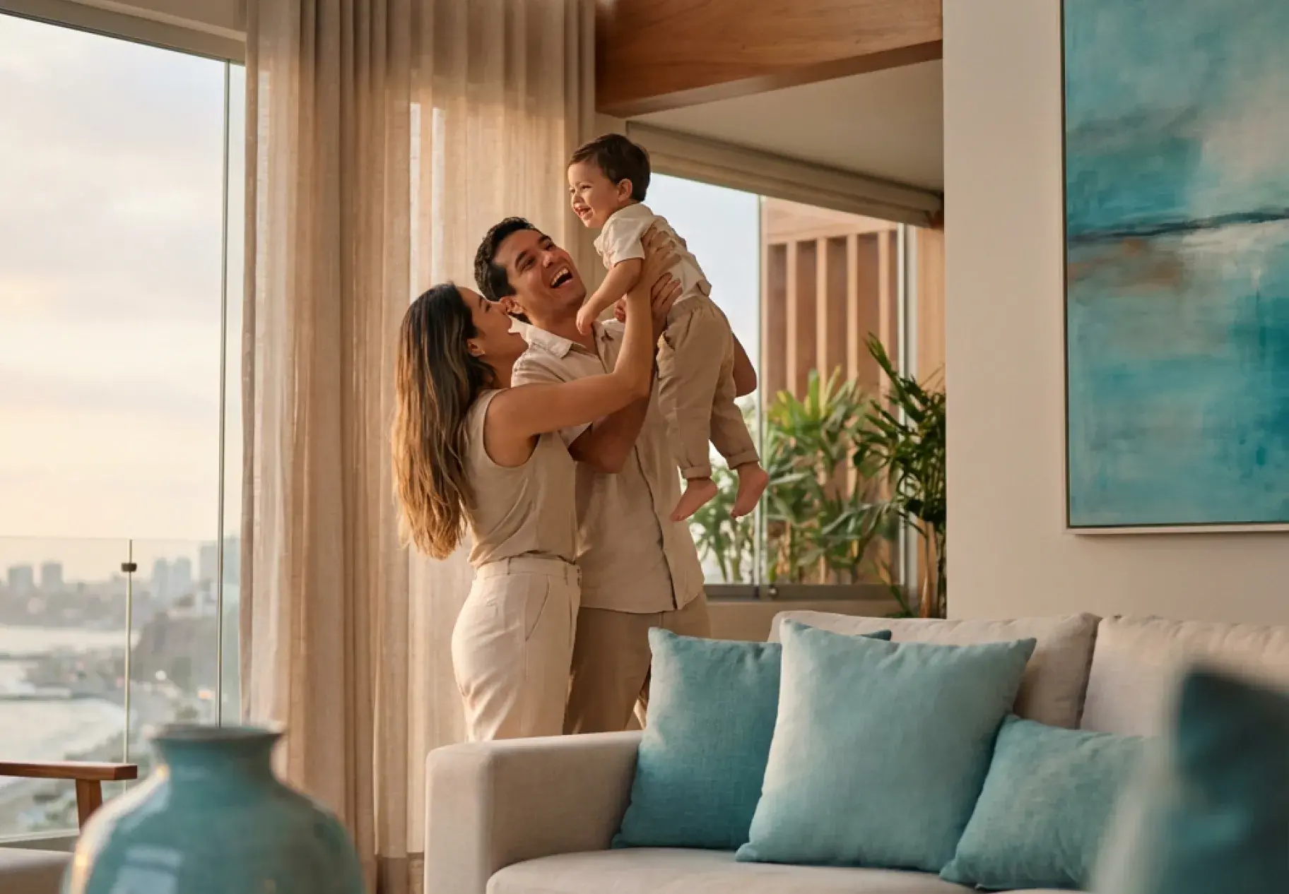 Familia en sala con bebé, protege su futuro con el seguro fondo vida garantizado