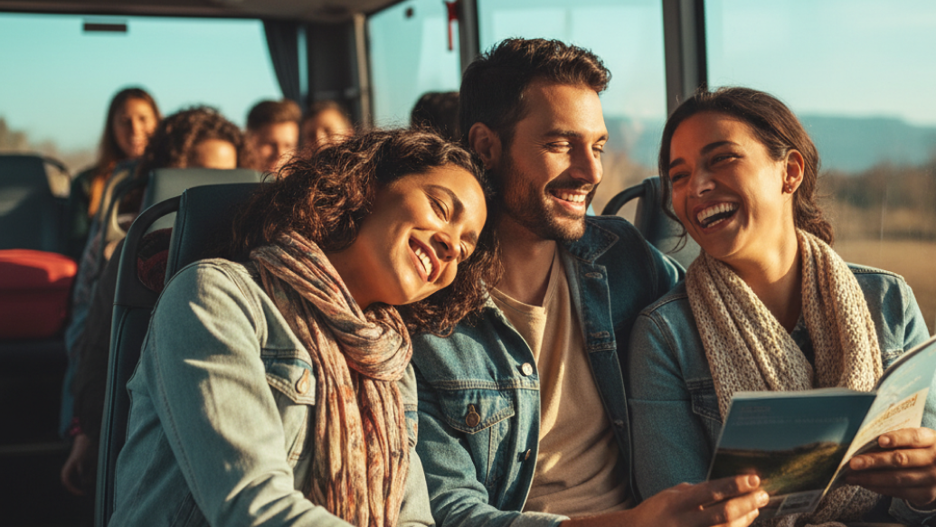 Tres jóvenes sonriendo y compartiendo un mapa dentro de un bus de viaje, representando el Seguro Viajero de Pacífico y Kupos.pe.