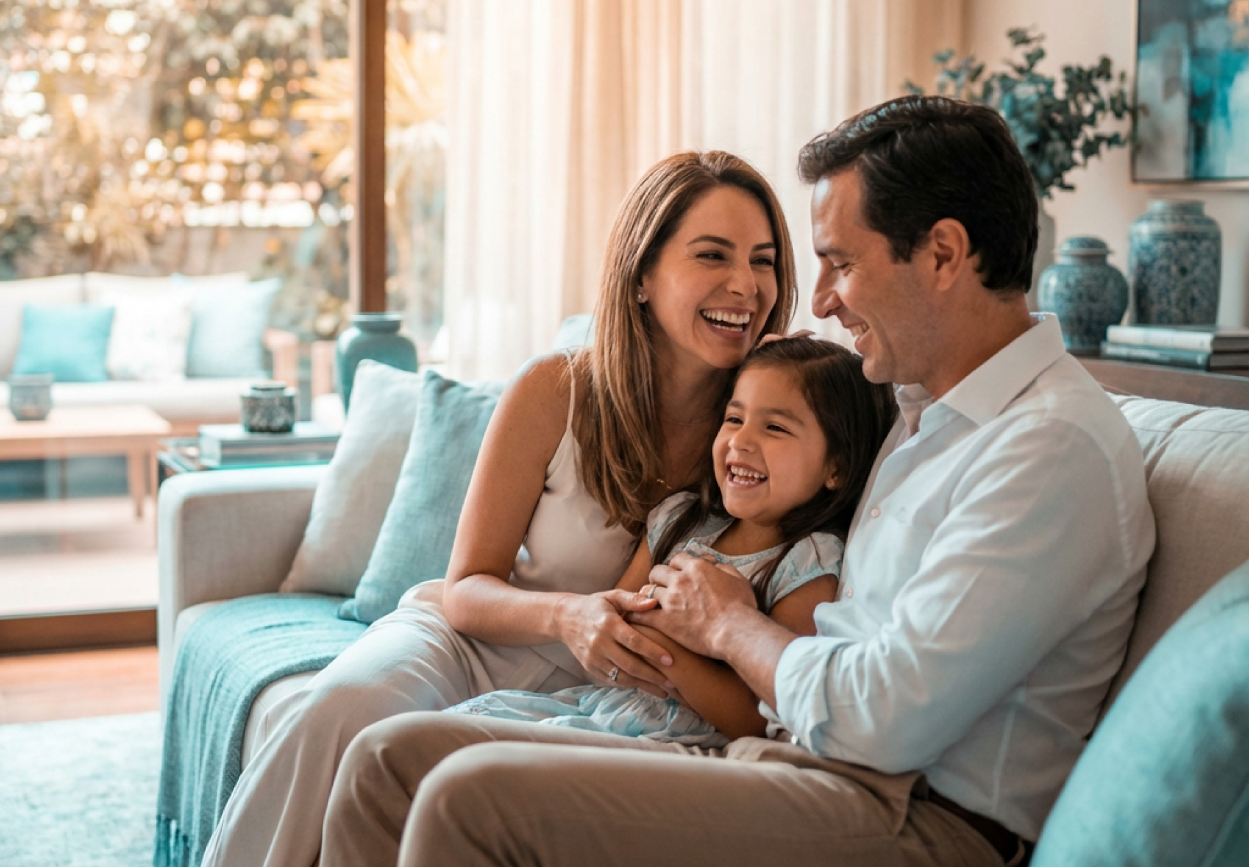 Familia sonriente sentada en el sofá debido a la protección del seguro de vida Fondo Plazo Seguro