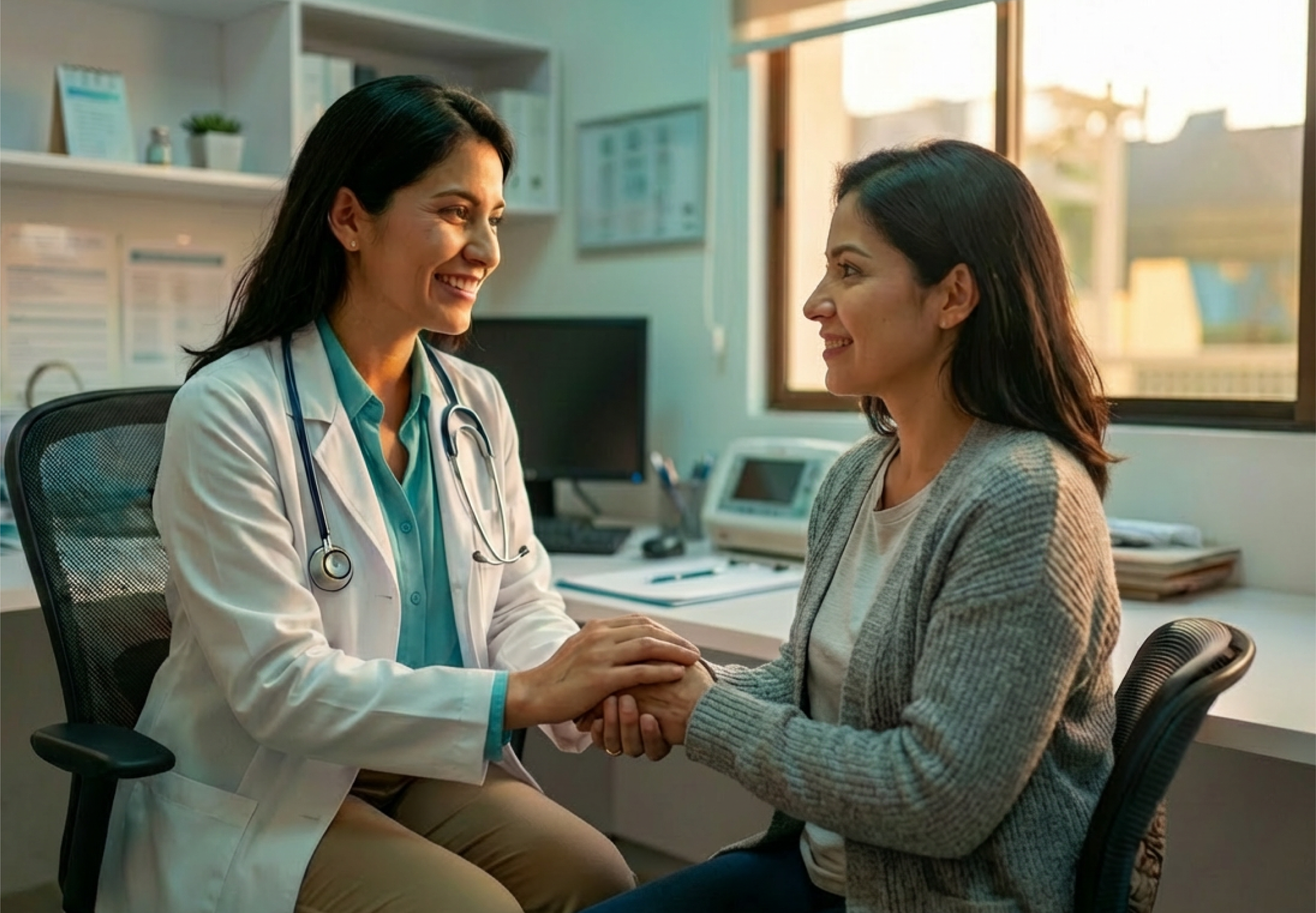 Persona conversa con médico en consulta y accede a atención de su seguro de salud.
