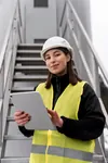 Ingeniera accediendo a un programa gestión de prevención de riesgos laborales en empresa