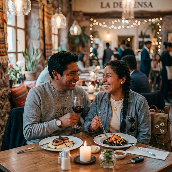 Pareja comiendo en un restaurante gracias a los descuentos del programa de beneficios de su seguro
