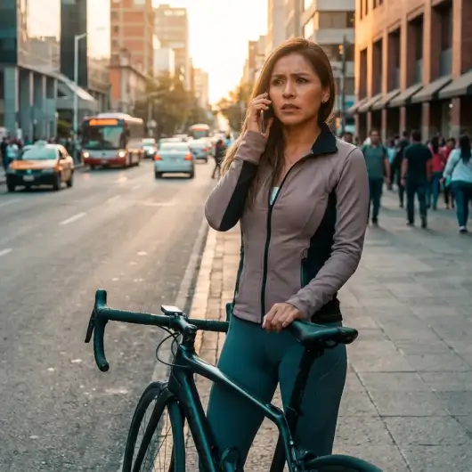 Ciclista detenida conversando por celular, representando el servicio de orientación legal