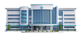 Ilustración de clínica representando la red de más de 84 centros médicos afiliados al Seguro Oncológico.