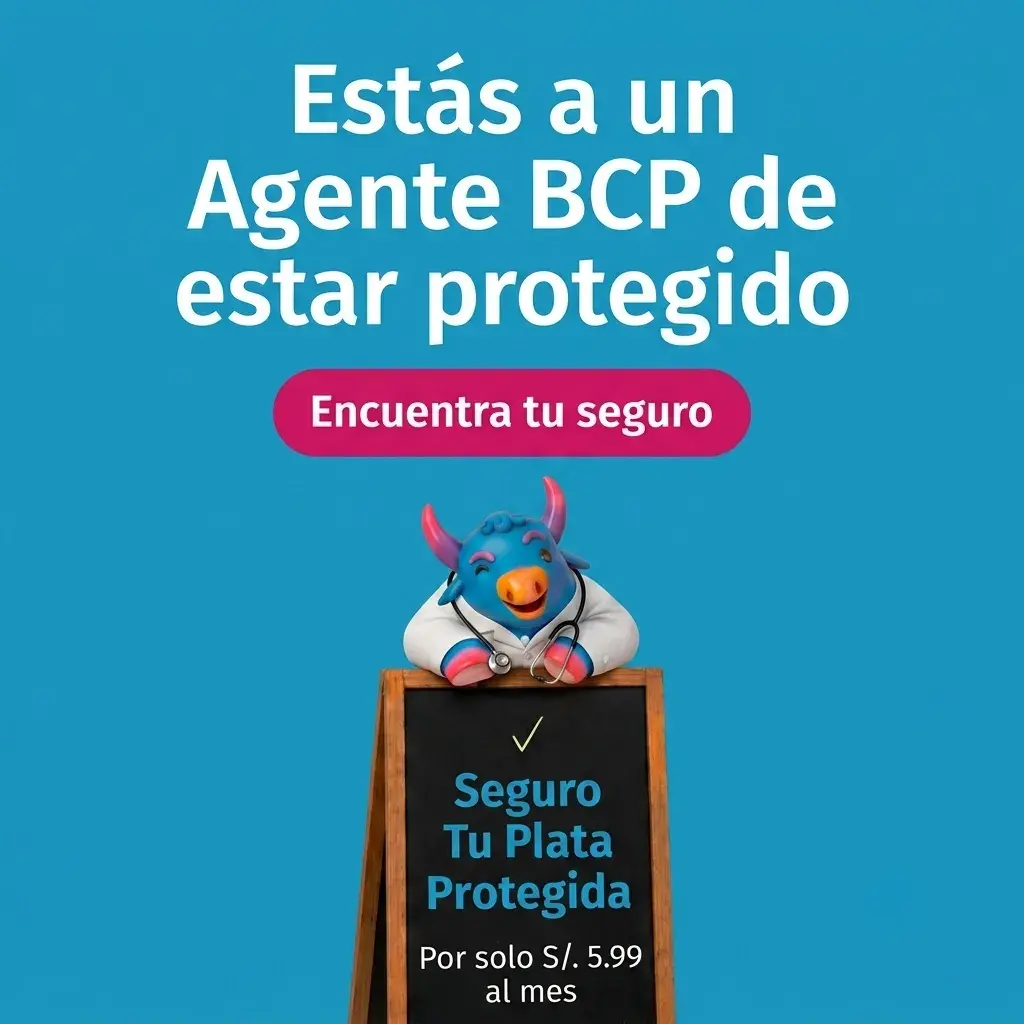 Seguro Tu Plata Protegida de Pacífico Seguros disponible en Agentes BCP. Banner con Torito de Pacífico que promociona protección financiera para el dinero de los clientes por S/ 5.99 al mes.