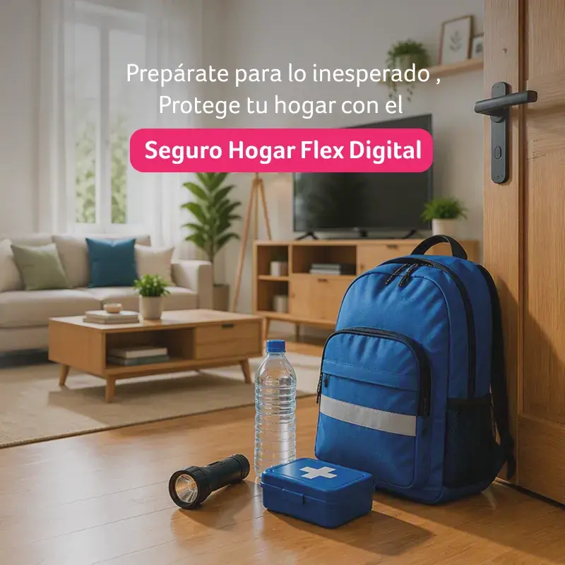 Mochila de emergencia con agua, linterna y botiquín ubicada cerca de la salida de una vivienda como parte de la preparación ante emergencias.